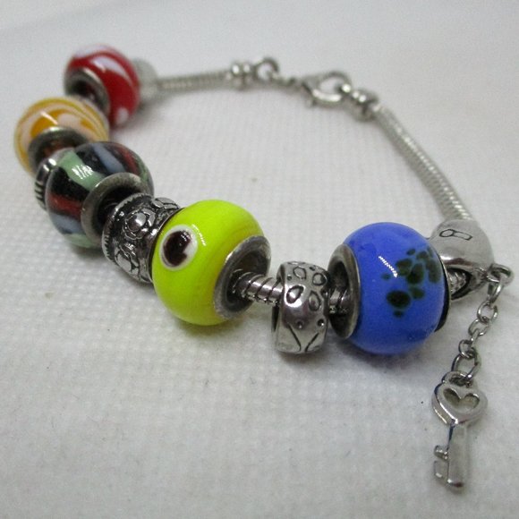 PANDORA STYLE LAMPWARK Glass Charm Beads Silver Tone Metal Heart And Key Charm - Picture 3 of 11